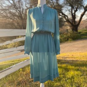 Vintage | Dusty Teal Button Front Lady Midi Dress